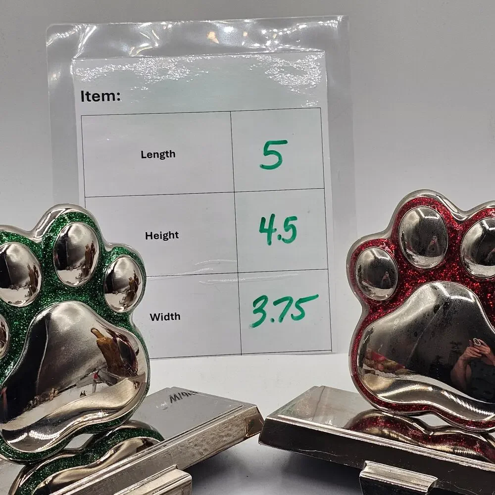 Set of 2 Silver Metal Paw Print Stocking Holder Sparkly Red and Green Christmas